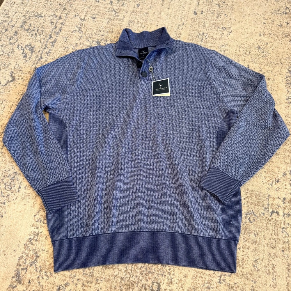 NWT Tailorbyrd Collection Blue Basketweave‎ Button Front Mock Neck Sweater Large